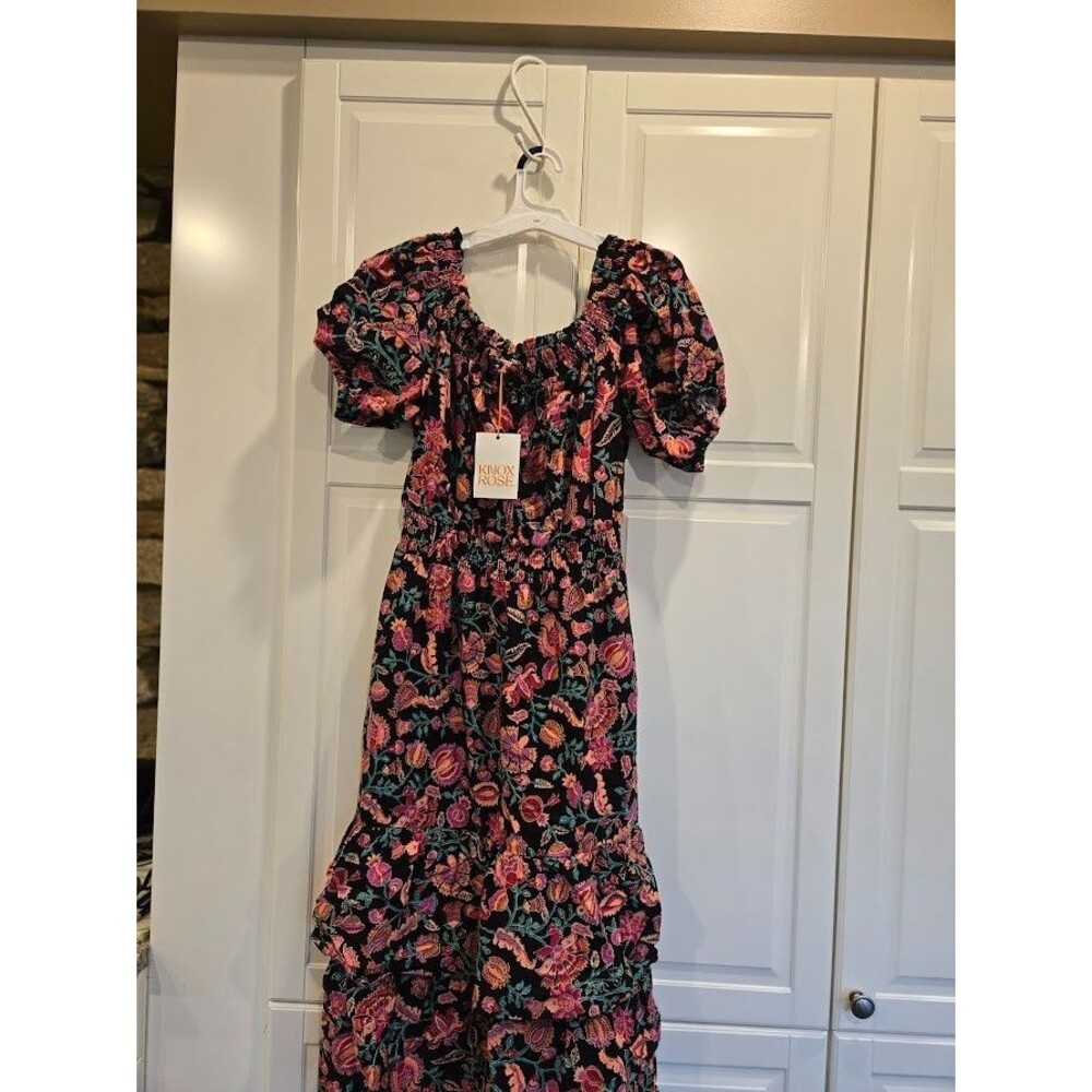 Knox Rose Short Sleeve Tiered Maxi Dress - Black Pink Floral - Womens SMALL NEW